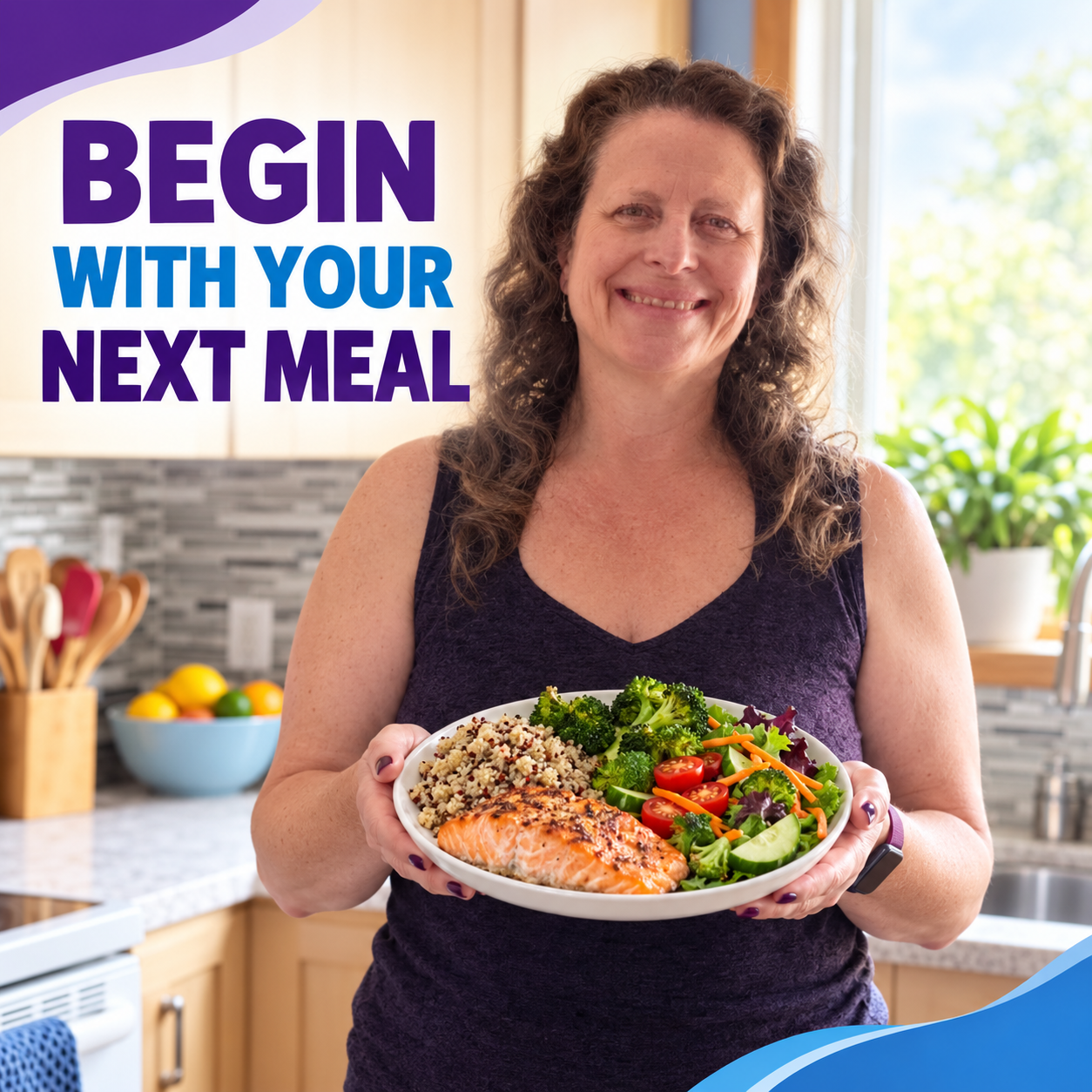 Katharine holding a balanced meal as a reminder to reset healthy eating habits with the next meal.