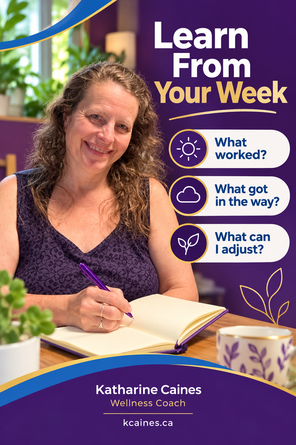 Katharine Caines writing in a journal beside three weekly reflection prompts: What worked, what got in the way, and what can I adjust.