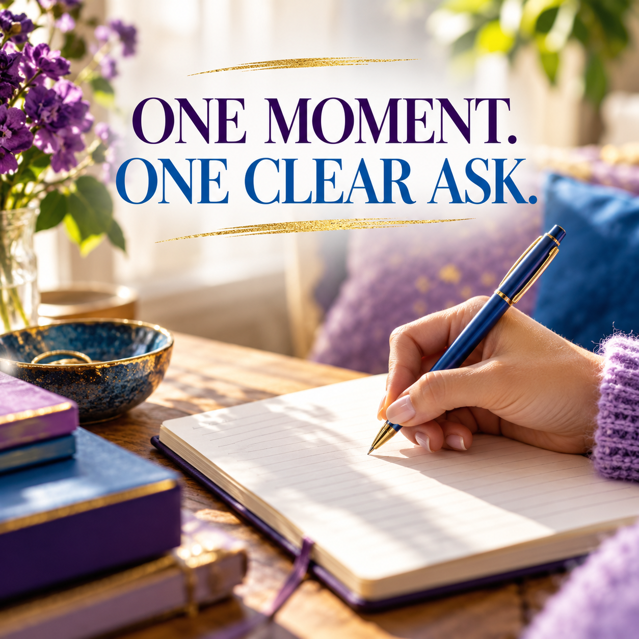A hand writing in a notebook beside the words One moment. One clear ask.