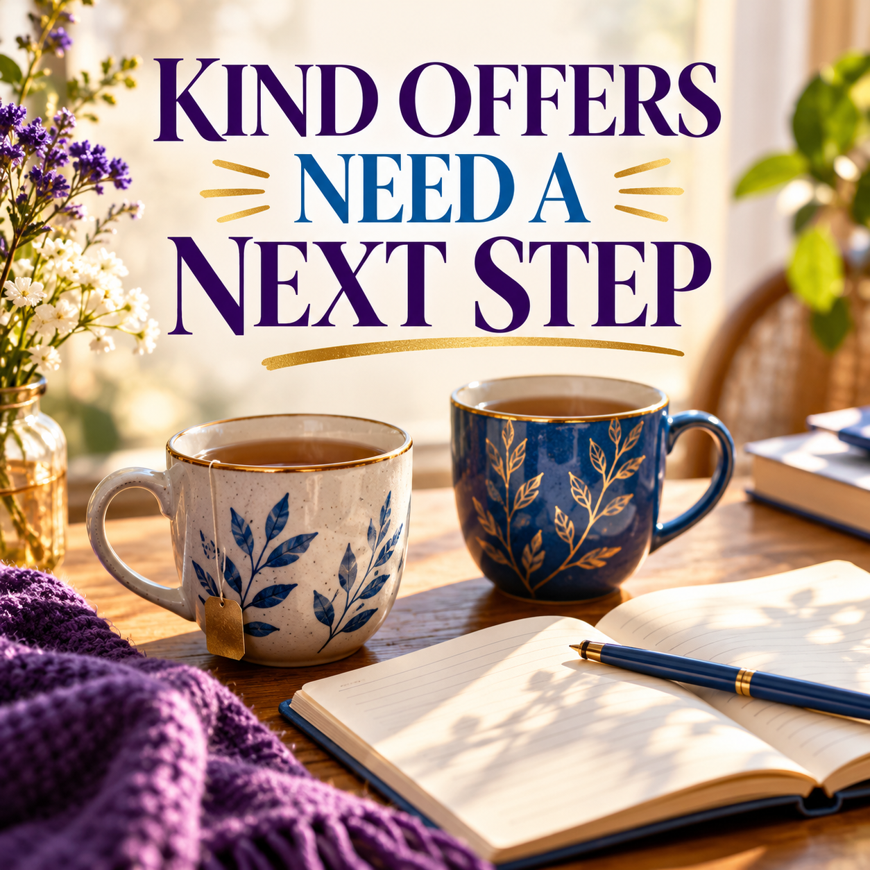 Two mugs of tea beside a notebook; kind offers need a next step.