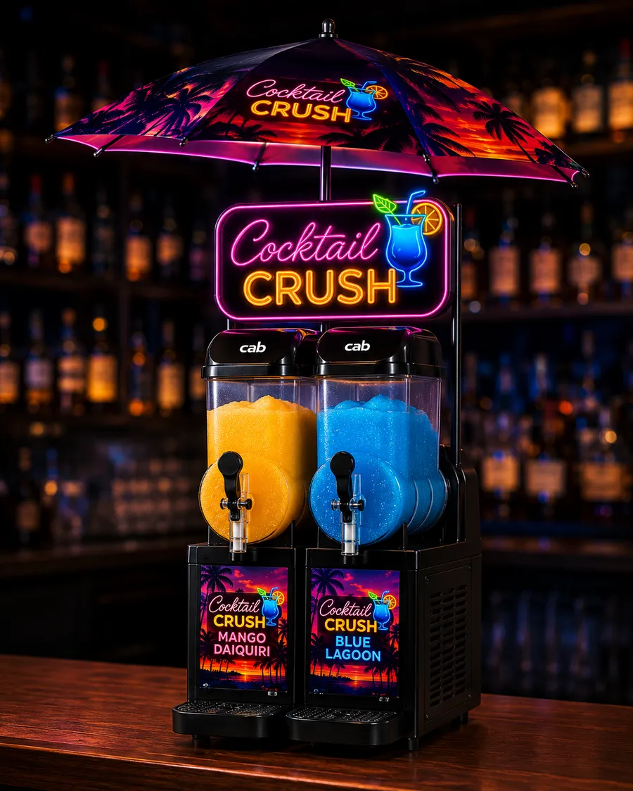 Cocktail Crush double slush machine with neon sign