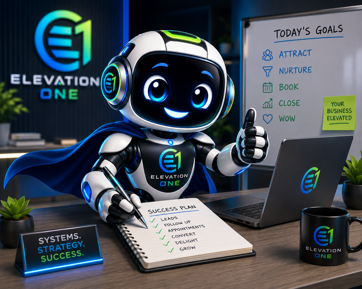 The Elevation One assistant giving a thumbs up beside a success plan