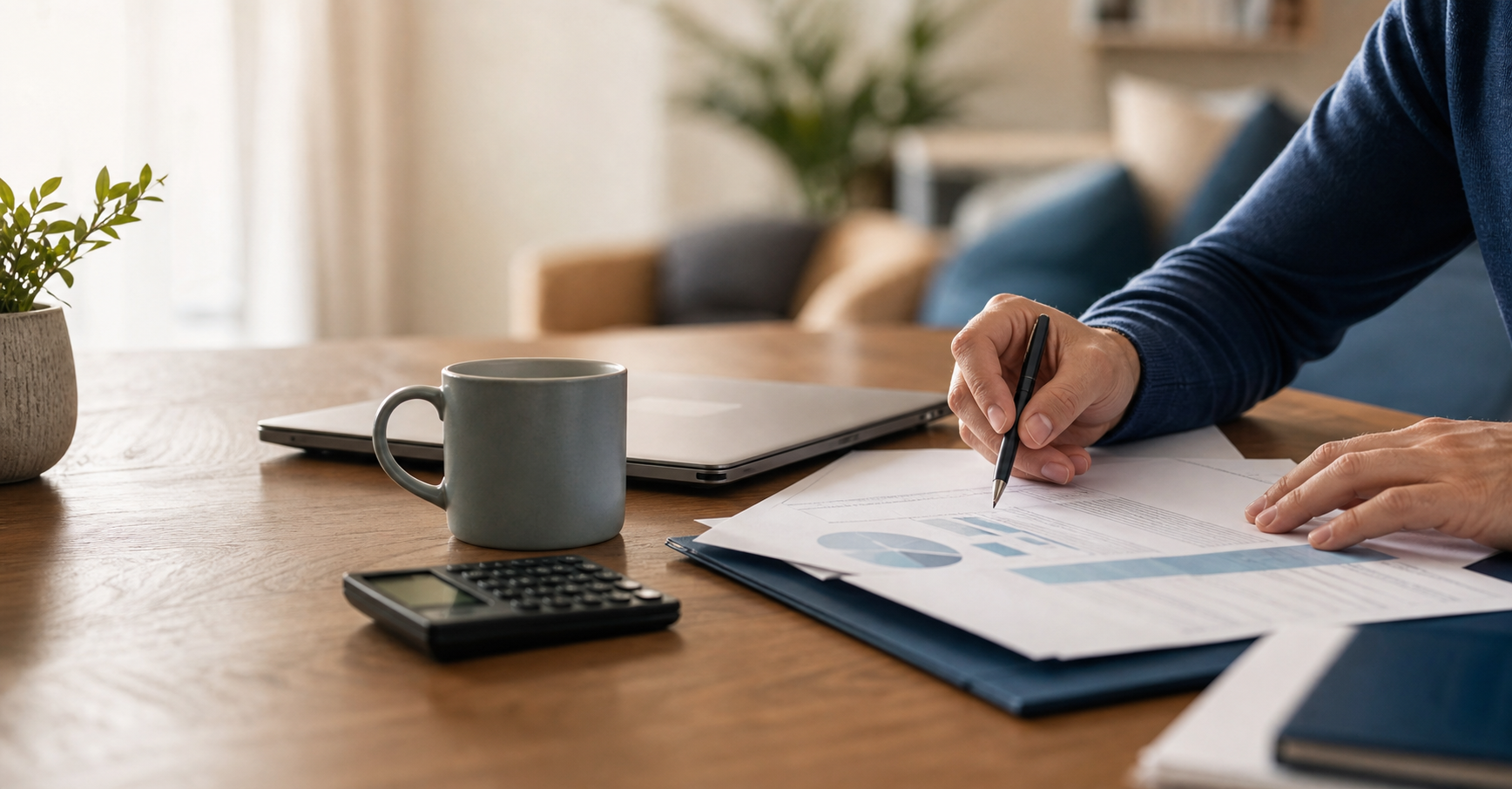 Klidná kontrola dokumentů k refinancování hypotéky u domácího stolu