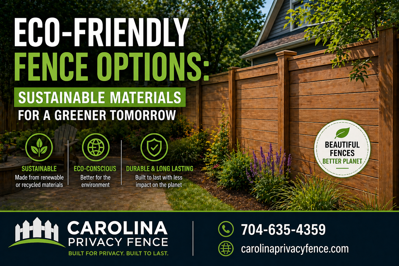 Eco-friendly fence options using sustainable materials in a backyard showing durable wood fencing and environmentally friendly landscaping in NC and SC