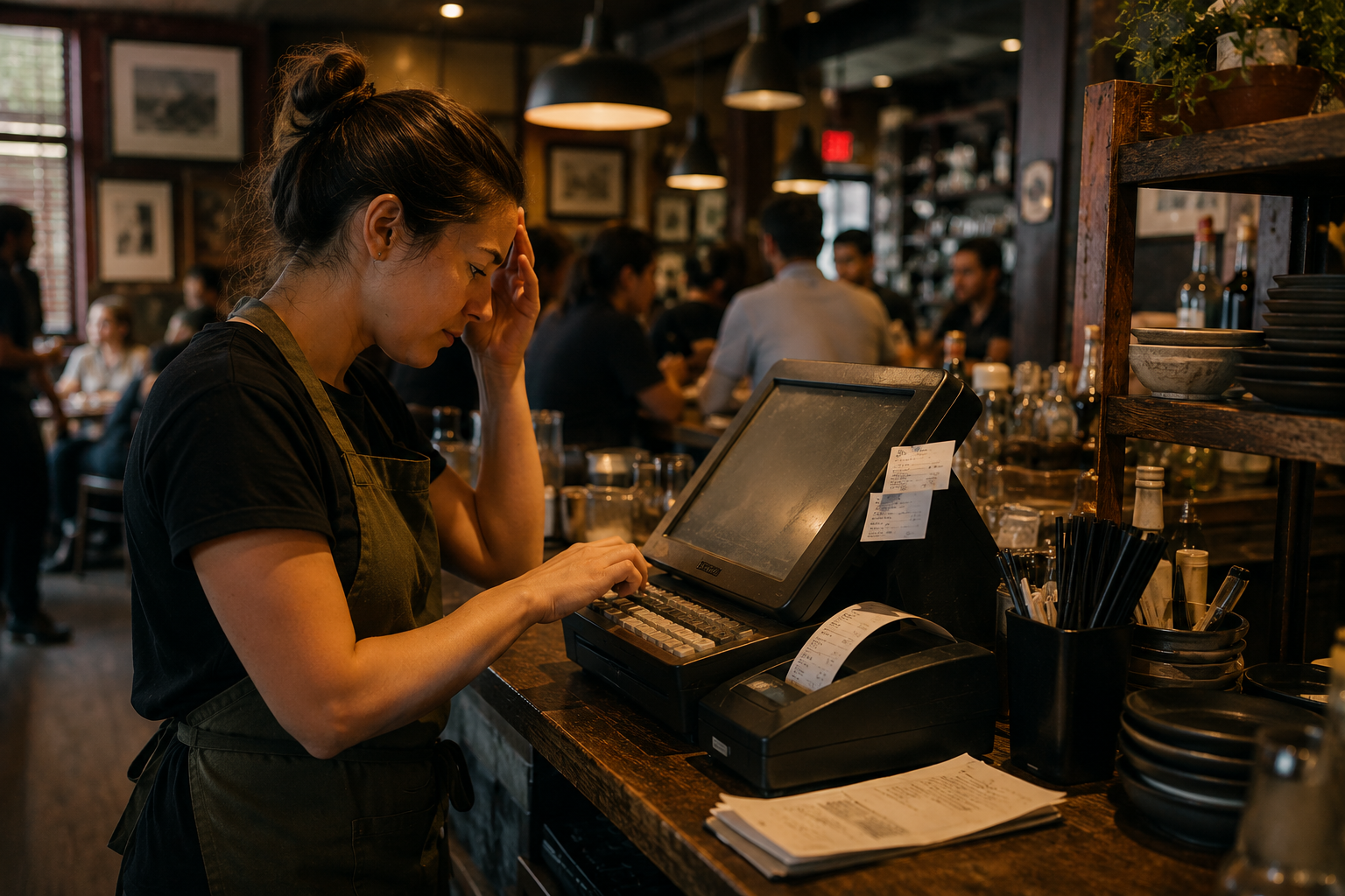 Restaurant manager operating an older traditional point-of-sale system during busy service while staff work around operational limitations. Restaurant manager operating an older traditional point-of-sale system during busy service while staff work around operational limitations.