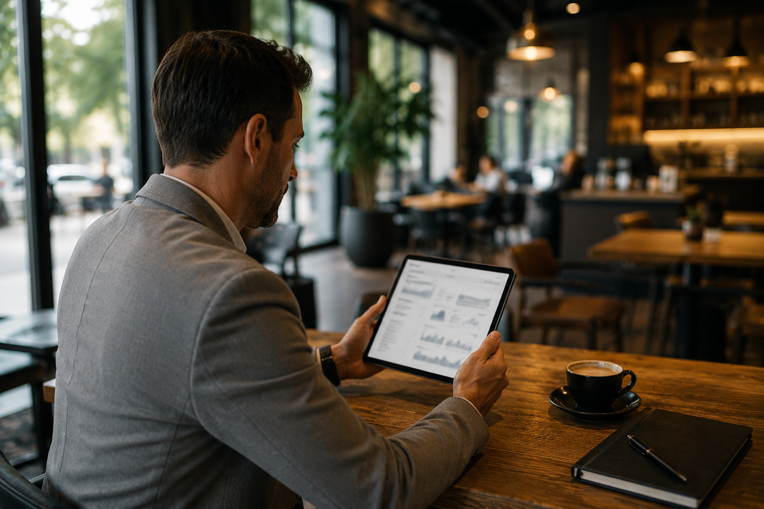 Restaurant owner confidently reviewing daily sales and restaurant performance from a tablet while away from the restaurant using cloud-based POS technology. Restaurant owner confidently reviewing daily sales and restaurant performance from a tablet while away from the restaurant using cloud-based POS technology.