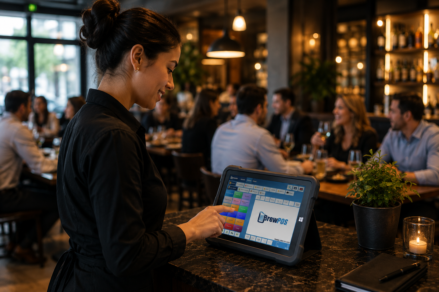Restaurant staff efficiently serving guests using authentic BrewPOS touchscreen hardware with a separate payment terminal during a busy dinner service. Restaurant staff efficiently serving guests using authentic BrewPOS touchscreen hardware with a separate payment terminal during a busy dinner service.