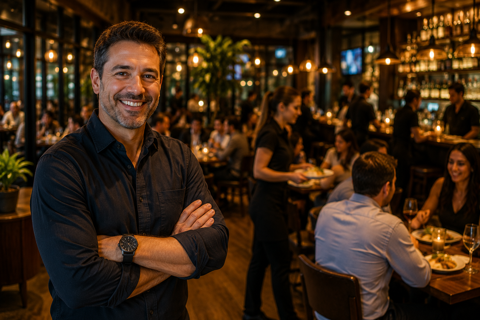 Successful restaurant owner standing confidently inside a thriving restaurant while guests enjoy fast service supported by modern restaurant technology. Successful restaurant owner standing confidently inside a thriving restaurant while guests enjoy fast service supported by modern restaurant technology.