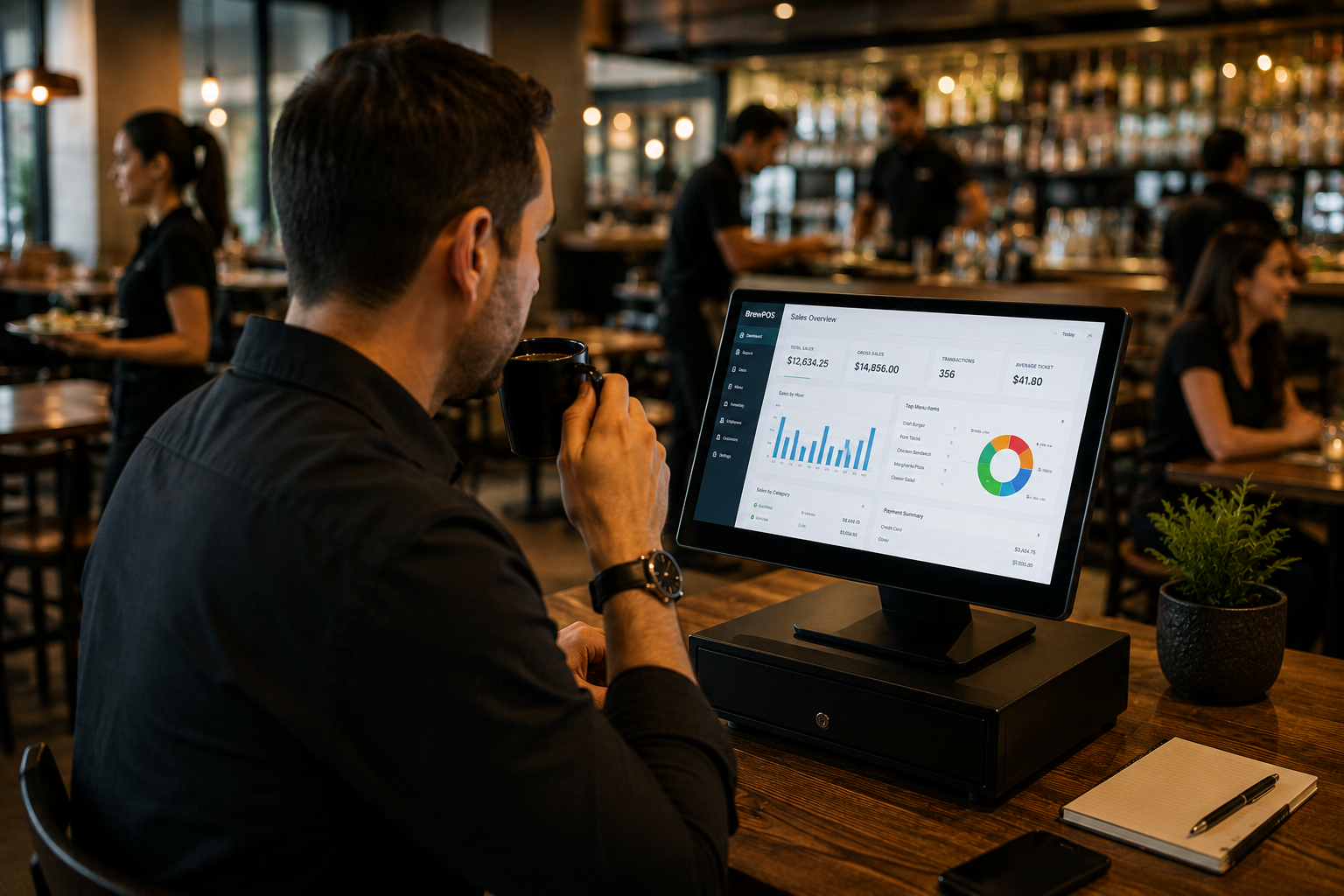 Restaurant owner reviewing real-time sales reports while staff use authentic BrewPOS POS hardware during service. Restaurant owner reviewing real-time sales reports while staff use authentic BrewPOS POS hardware during service.