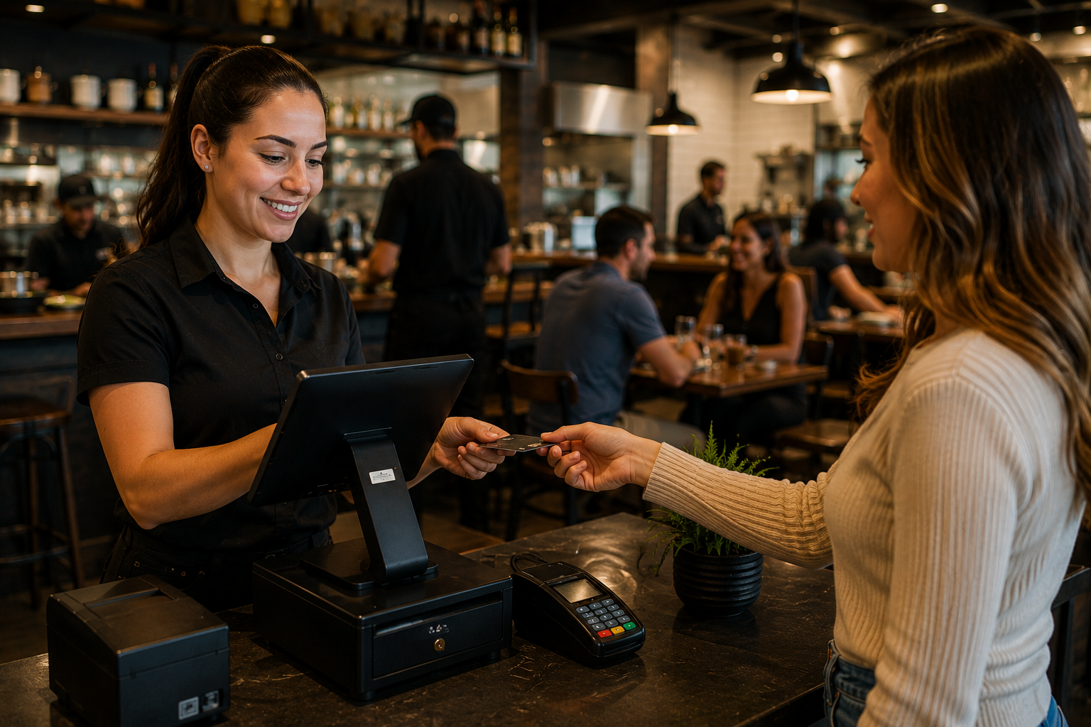 Restaurant employee completing a fast customer payment using authentic BrewPOS POS hardware at checkout. Restaurant employee completing a fast customer payment using authentic BrewPOS POS hardware at checkout.