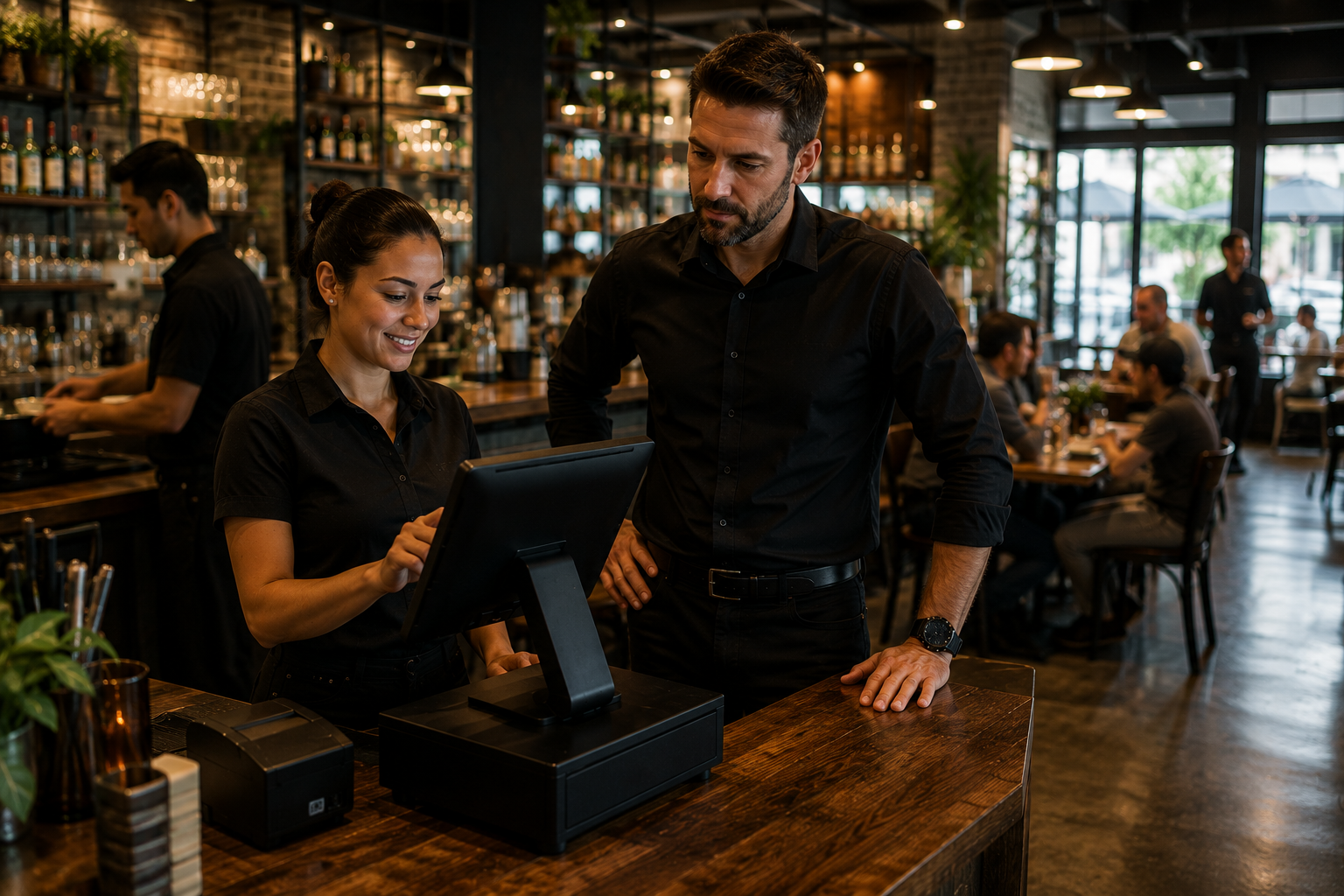 Restaurant manager overseeing staff using authentic BrewPOS POS hardware during a busy shift. Restaurant manager overseeing staff using authentic BrewPOS POS hardware during a busy shift.