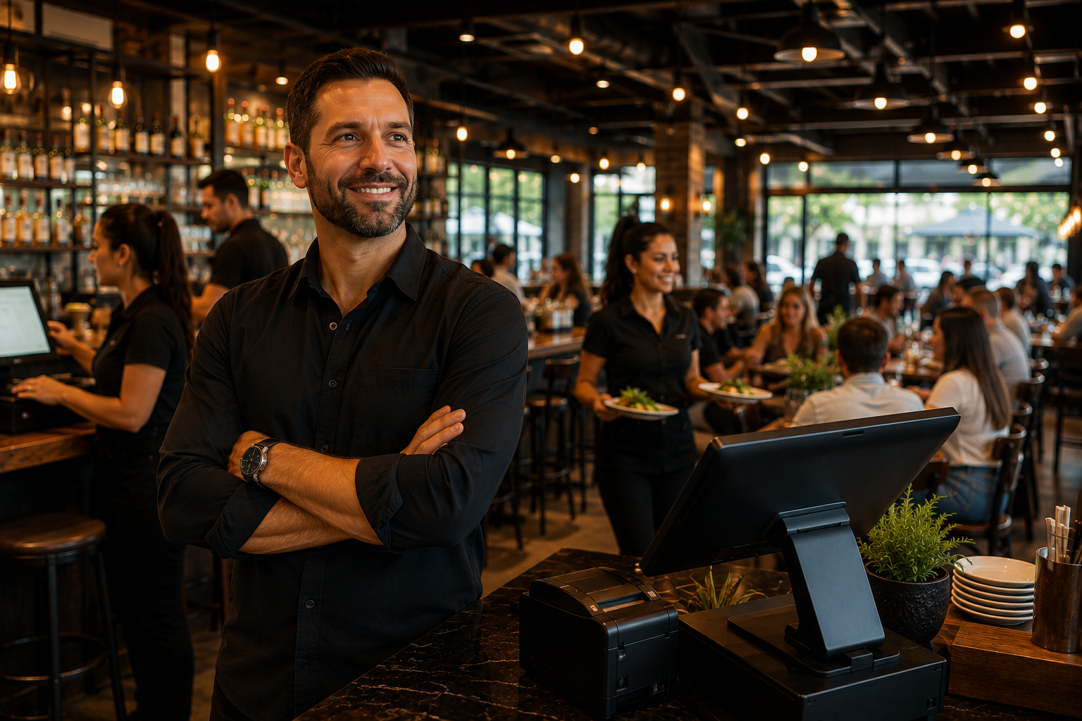 Restaurant owner confidently managing a busy restaurant with authentic BrewPOS POS hardware supporting daily operations. Restaurant owner confidently managing a busy restaurant with authentic BrewPOS POS hardware supporting daily operations.
