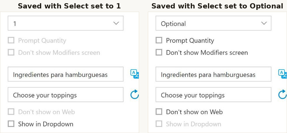 The four tick boxes on a saved modifier, at Select 1 and at Select Optional