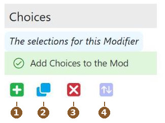 After the first save, the Choices panel appears. The buttons under it are 1 add, 2 copy, 3 delete and 4 sort