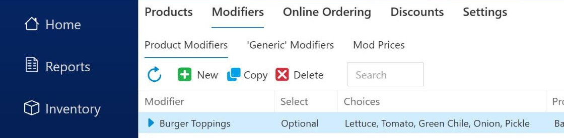 The Modifiers tab, Product Modifiers, and the New button