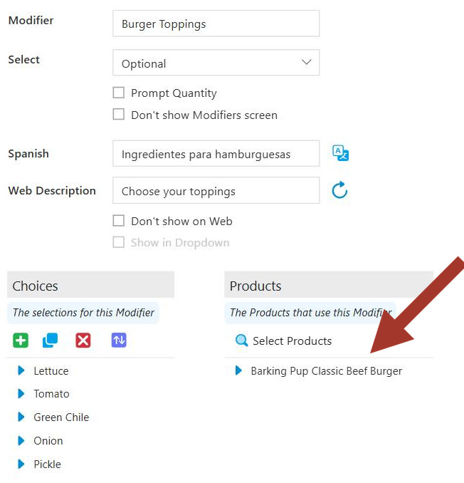 The finished modifier: its choices on the left, and the product it is now attached to on the right. The red arrow marks Select Products, the link you click in step 1