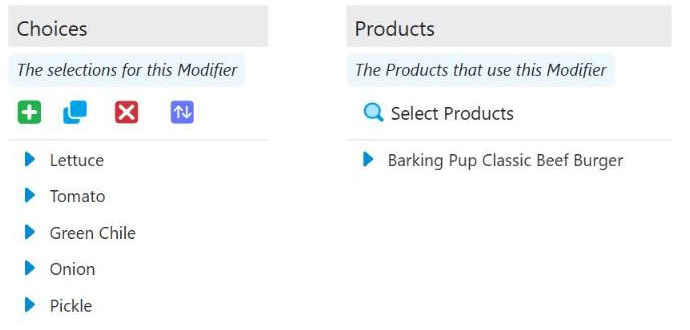 The five choices, with the Products panel beside them