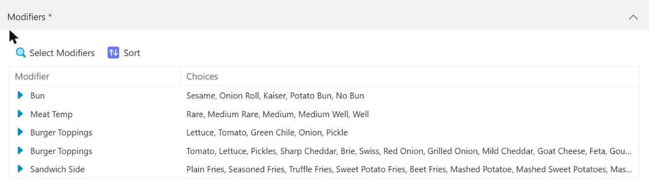 The Modifiers section on a product record