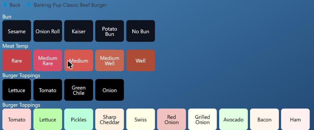 The modifier screen as the POS will show it, with Meat Temp asked before the toppings and Pickle absent from Burger Toppings