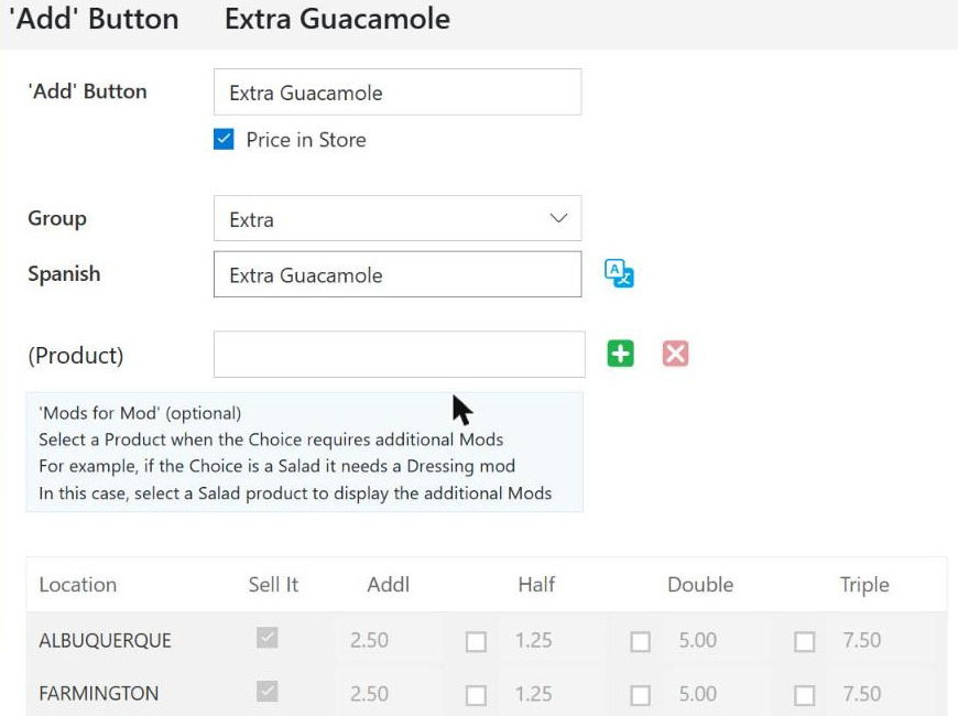 An 'Add' Button record: a name, a Group, and the start of everything a priced button adds