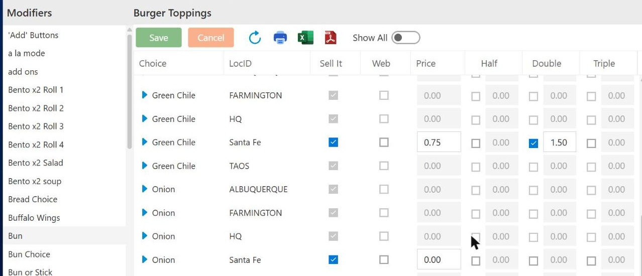 The modifier list on the left, and the left-hand columns of the Mod Prices grid. Half, Double and Triple continue off the right of this crop