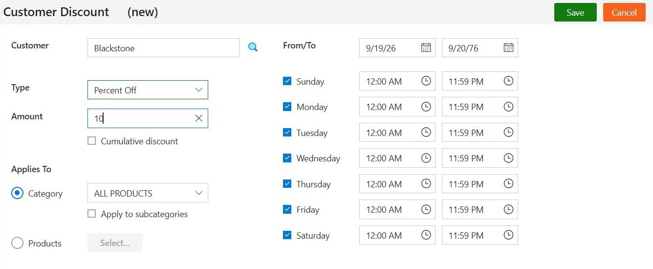 A finished customer discount: one customer picked, Percent Off 10, Applies To ALL PRODUCTS, every day ticked