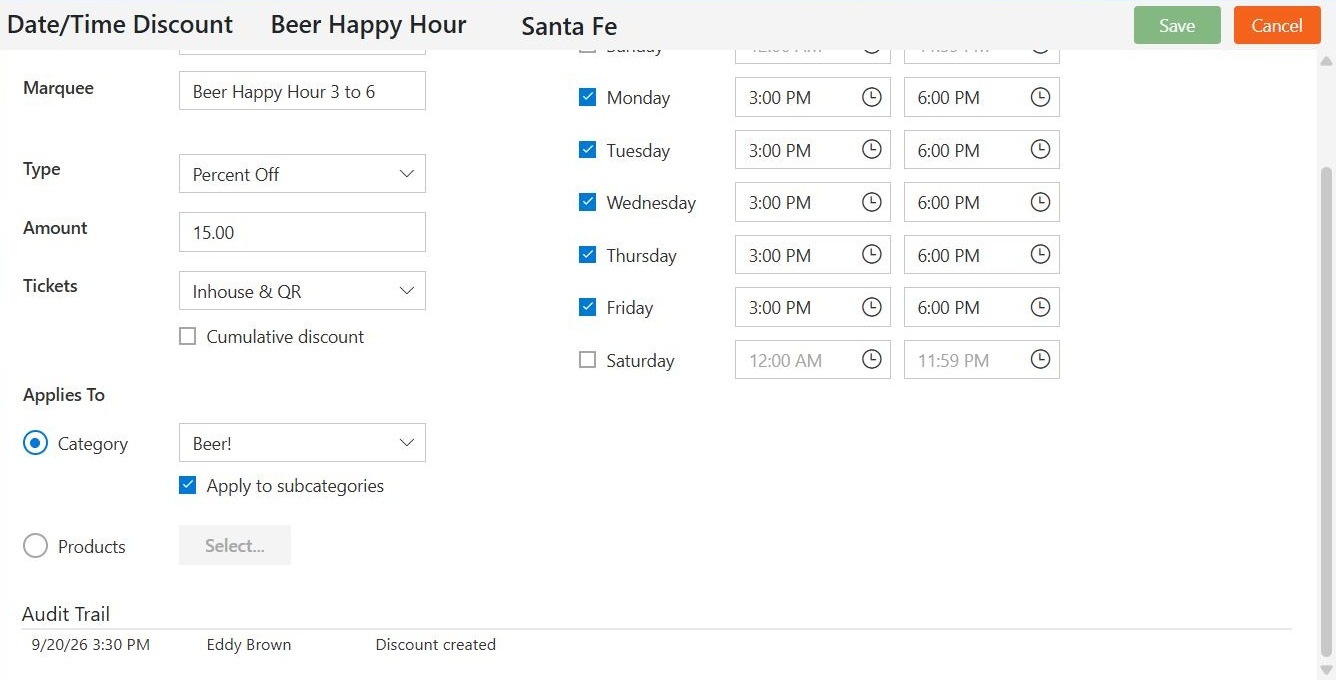 A saved Date/Time discount with the Audit Trail at the bottom, listing the date, the person and what changed