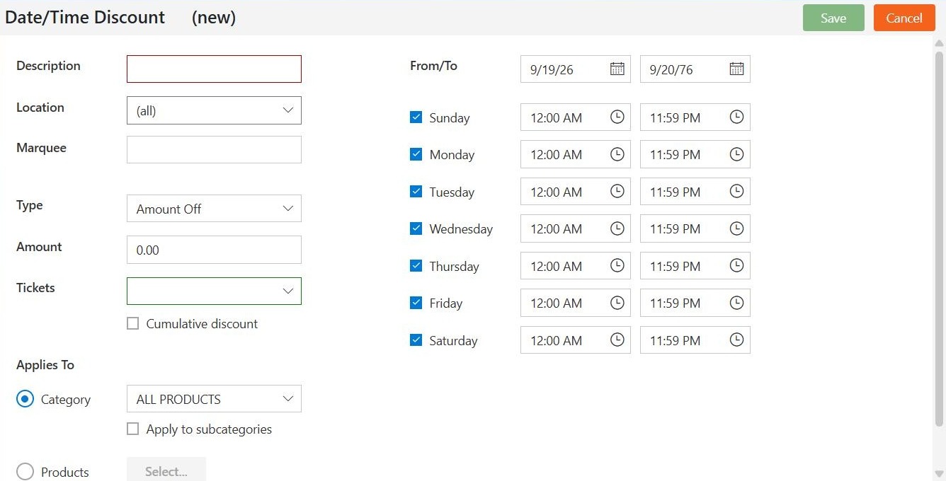 A new Date/Time discount. Description is outlined in red until you type a name