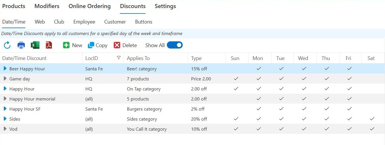 The Date/Time tab with Show All switched on: discounts not running today show a grey arrow instead of a blue one