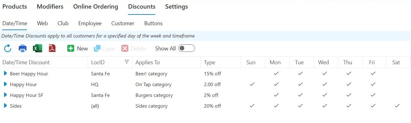 The Discounts screen with the Date/Time tab open. Each tab is a different kind of discount. The column headed LocID shows the location