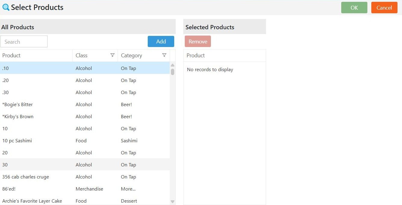 Choosing products. Search on the left, click Add, and the product moves to the right