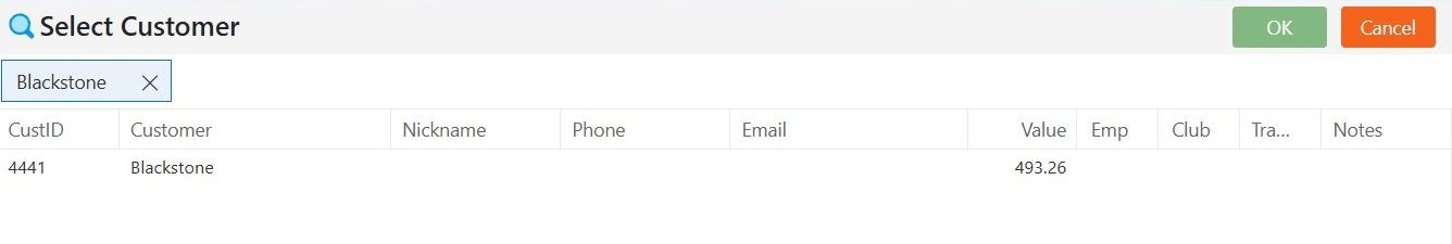 The customer search list: type part of a name in Search, then click the customer and OK