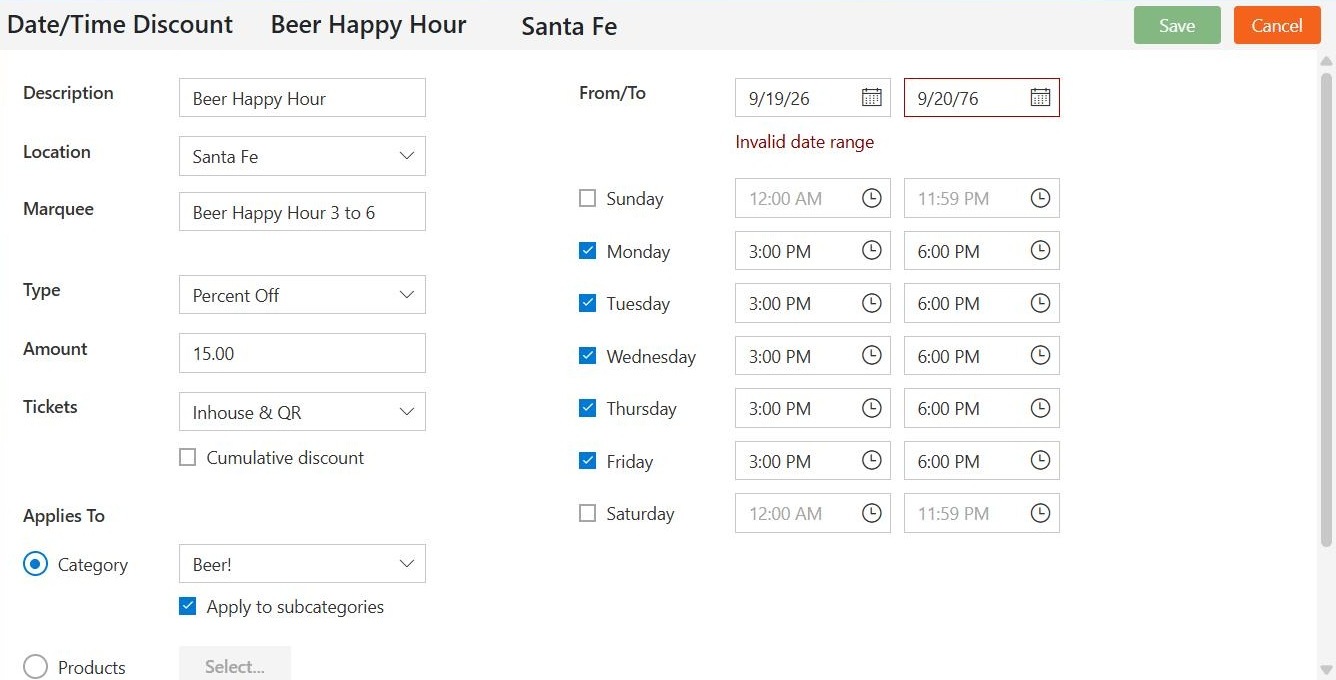 A Date/Time discount with 9/20/76 typed into To, Invalid date range in red and Save greyed out