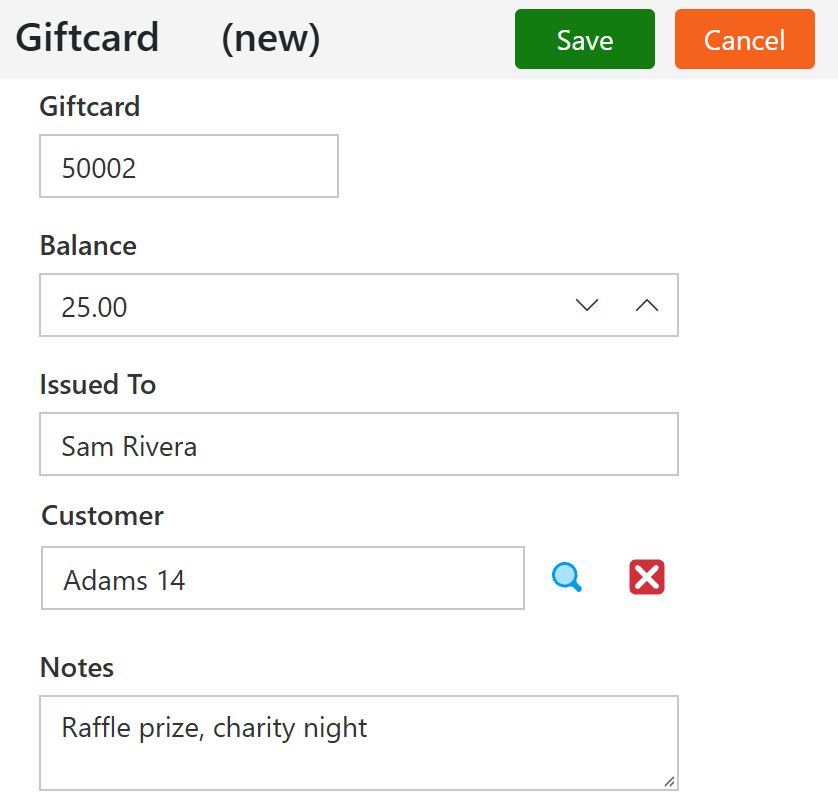 A new gift card filled in on the Donate form, ready to save