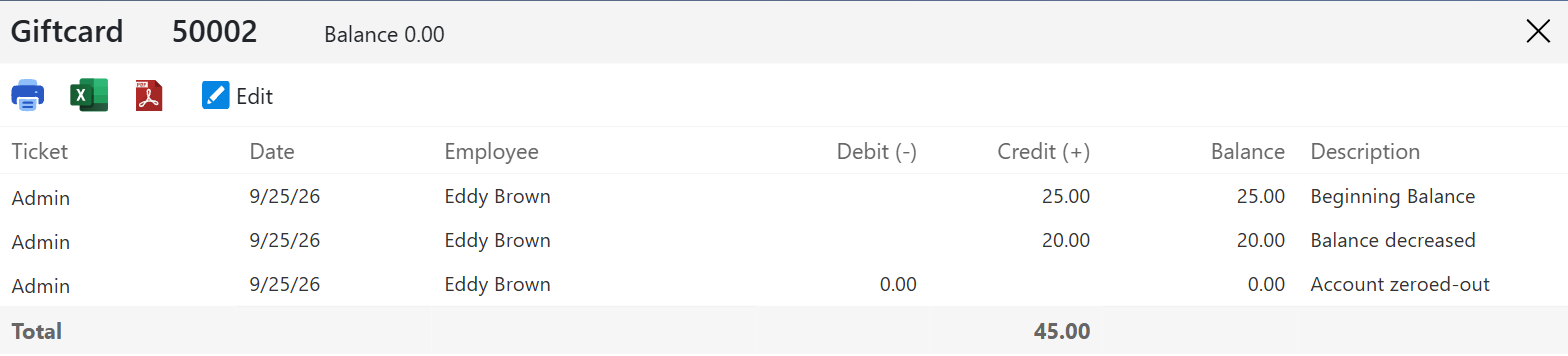 A card's history after lowering it to 20.00 and then zeroing it, with Admin lines