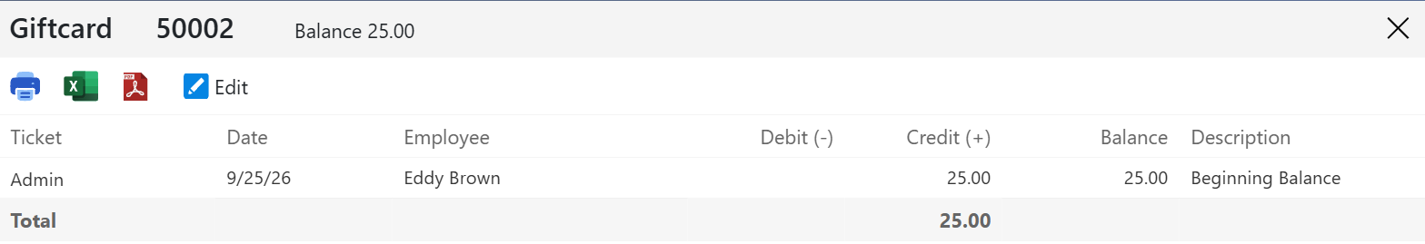 A donated card's history with one Beginning Balance line