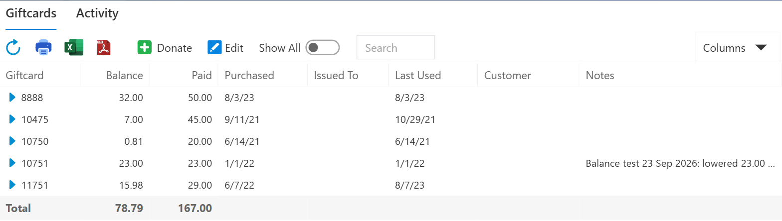 The gift card list with the hidden columns switched on