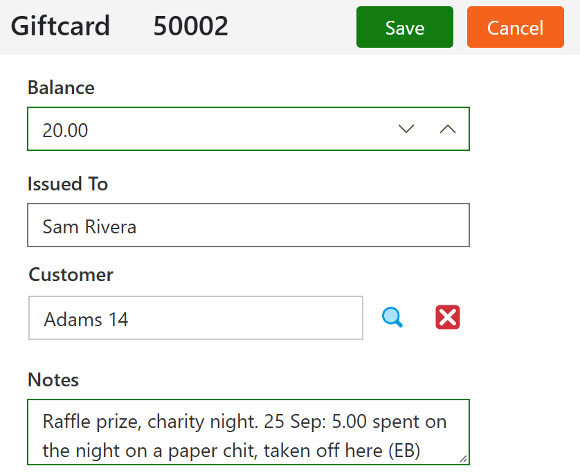 Editing a gift card: the balance lowered from 25.00 to 20.00 with the reason in Notes