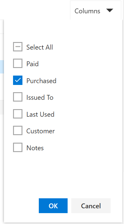 The Columns list, where Paid, Issued To, Last Used, Customer and Notes can be ticked