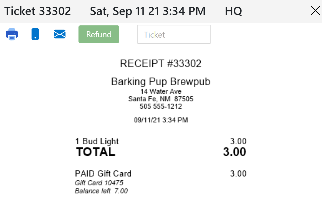 The POS receipt behind a redeemed line: 3.00 paid by gift card, 7.00 left on the card