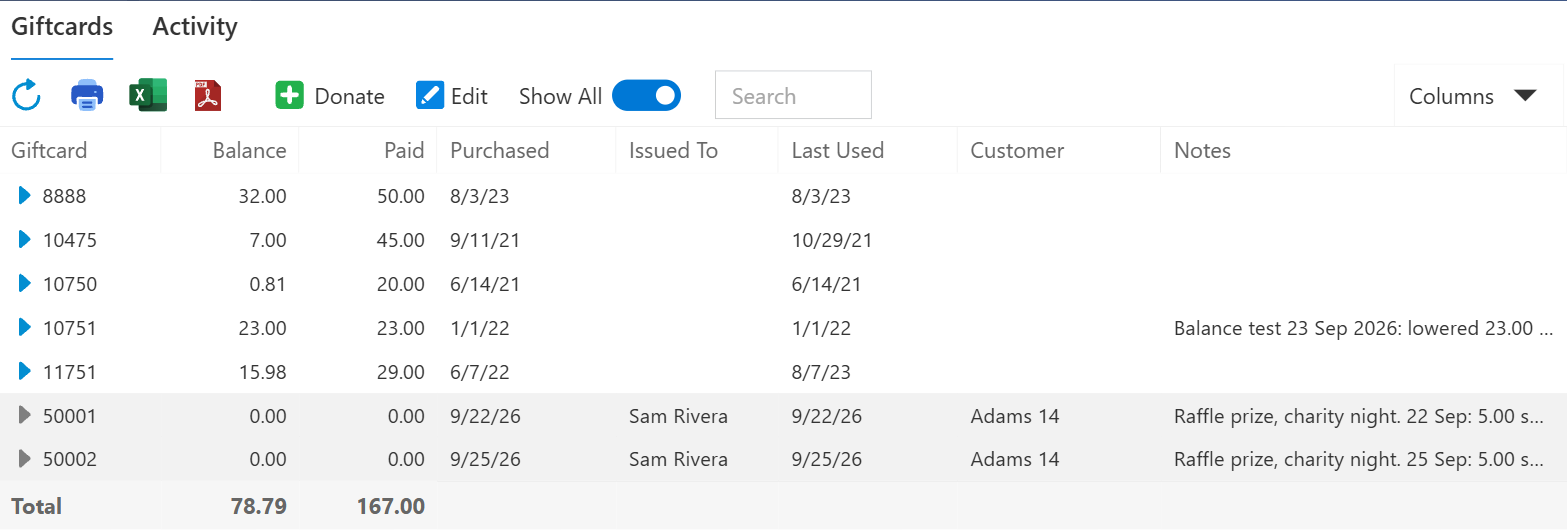 The gift card list with Show All switched on, spent cards shown in grey
