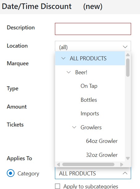 The category list on a Date/Time discount, with Beer! and the four categories under it