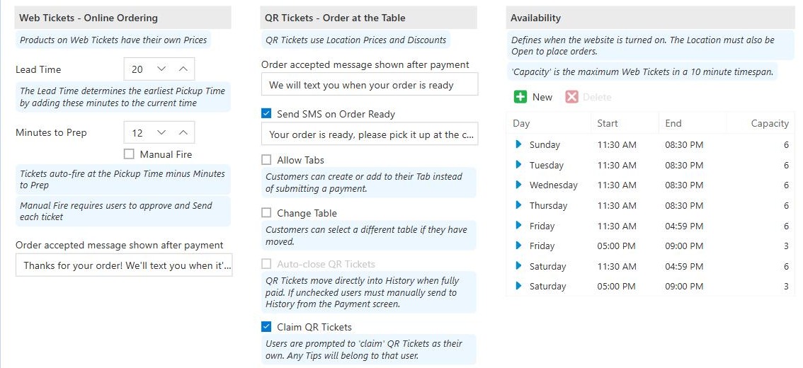 Figure 9. Pickup timing on the left, the QR settings in the middle, and the ordering hours on the right
