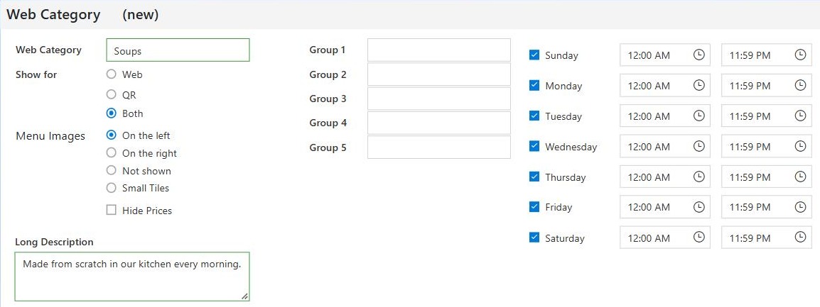 A new web category called Soups, shown on both the website and the table QR menu