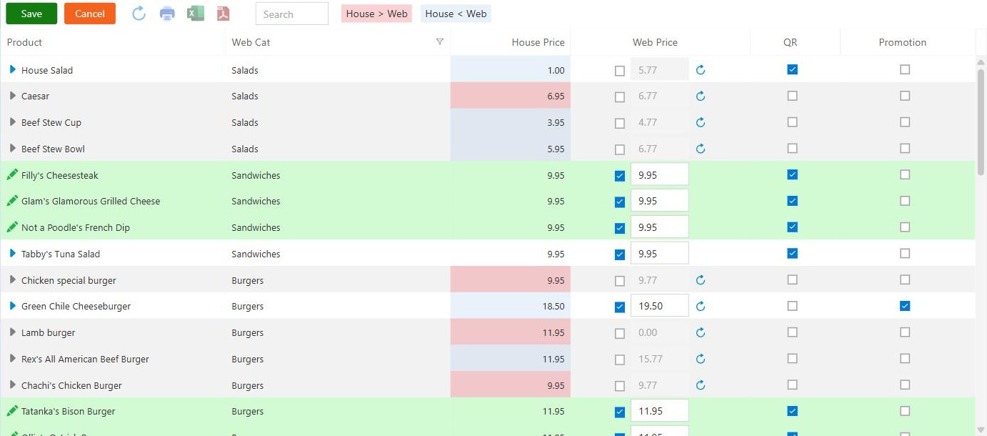 Web Prices part way through an edit. Green rows are changed and not yet saved. The shaded House Price cells show where the web price differs