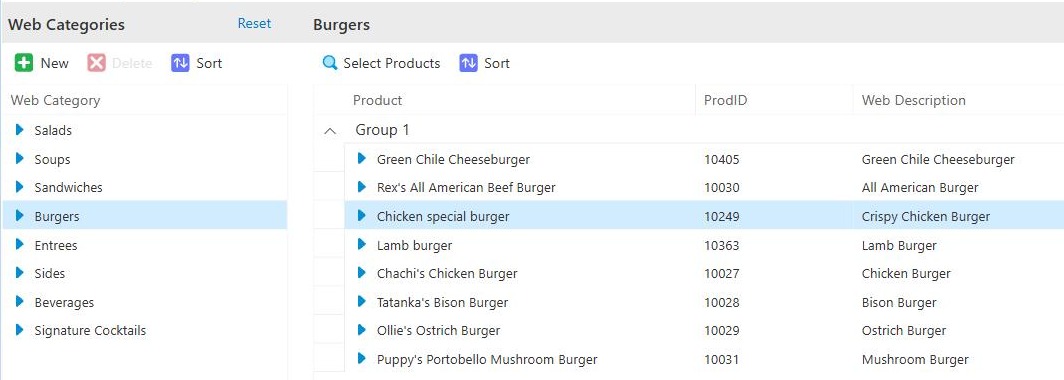 The Web Menu tab. Web categories on the left, the products in Burgers on the right