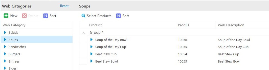The Soups category with its four products