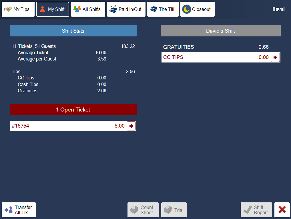 The My Shift tab with shift stats and tips on the left, one open ticket in red, and Shift Report at the bottom right