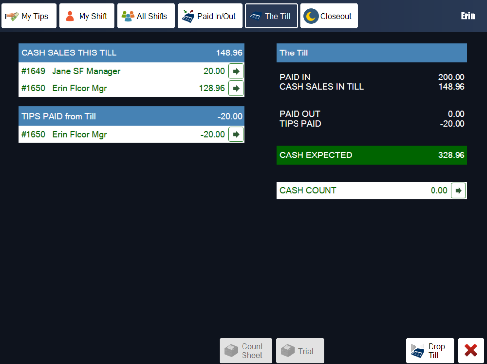 The Till tab of the close out screen, with the cash expected, paid outs, paid ins and till count