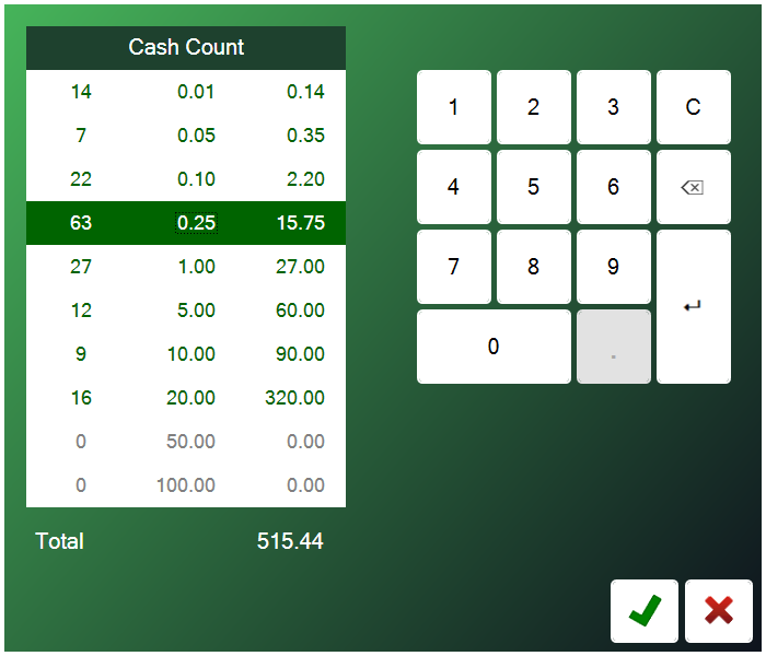 The Cash Count screen, counting quarters